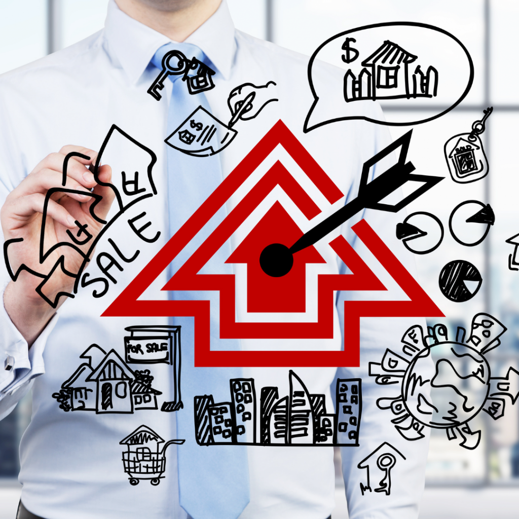 Man drawing on a clear board writing out options and solutions related to property management.